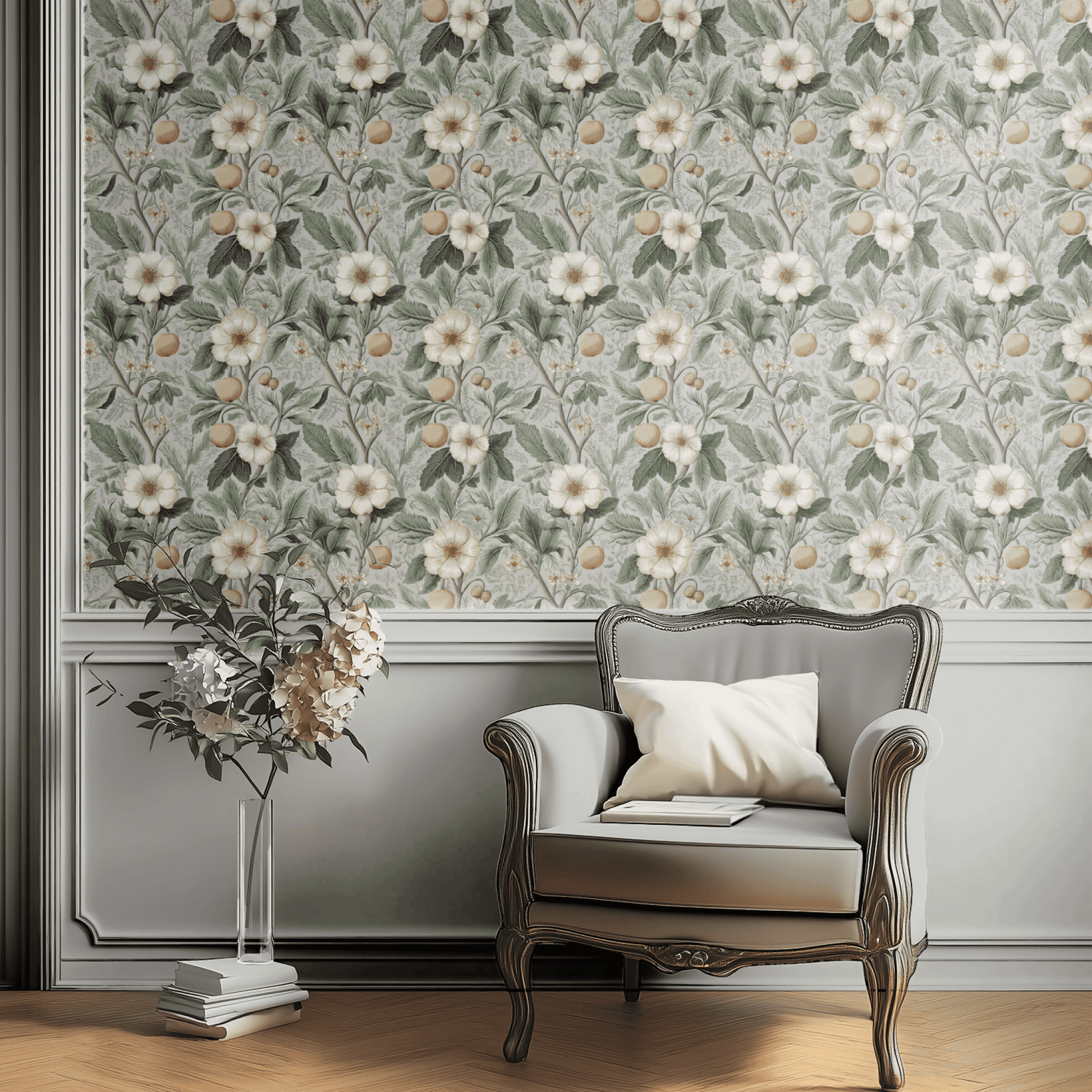Green Floral Wallpaper shown in a second room with the neutral orchard reading as quietly flexible traditional decoration
