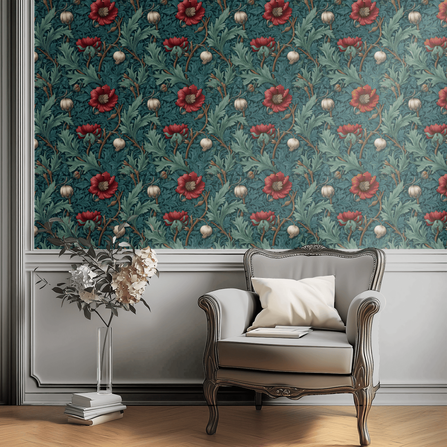 Green Floral Wallpaper shown in a second interior with the teal gothic reading as atmospheric library-style decoration