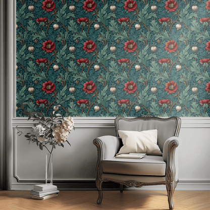 Green Floral Wallpaper shown in a second interior with the teal gothic reading as atmospheric library-style decoration