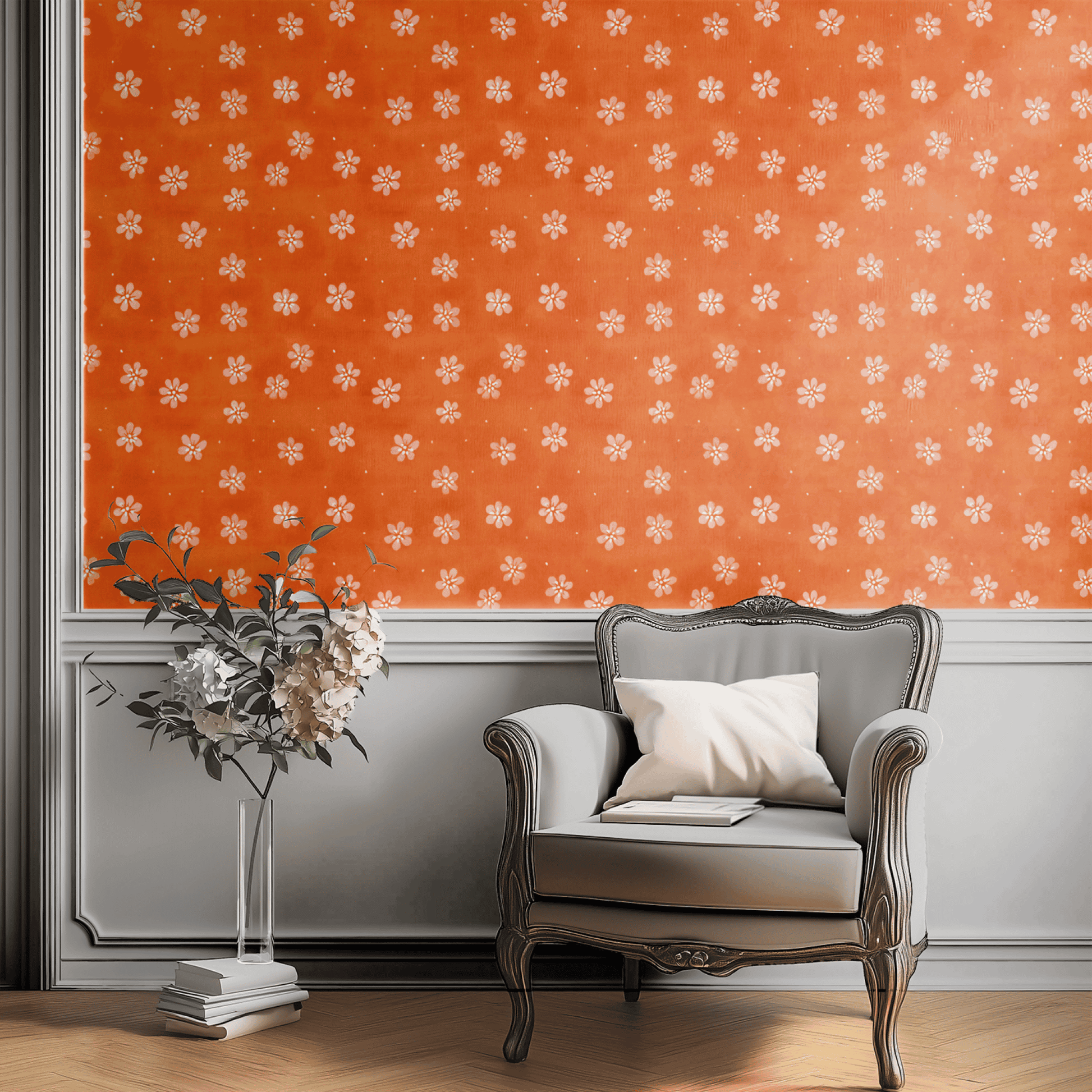 Orange Floral Wallpaper shown in a second room with the tangerine blossoms reading as warmly hand-printed decoration