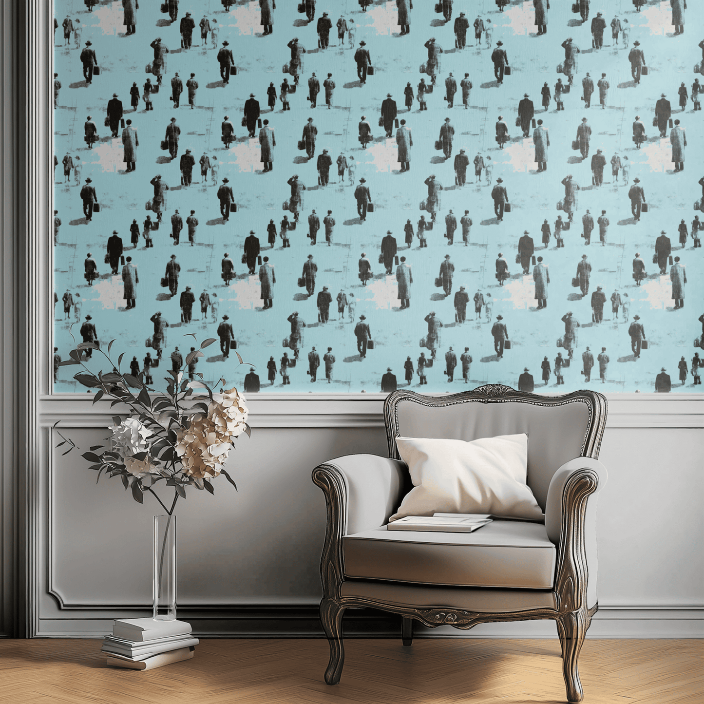Blue Abstract Wallpaper shown in a second room with the urban stroll reading as contemporary urban modernist decoration