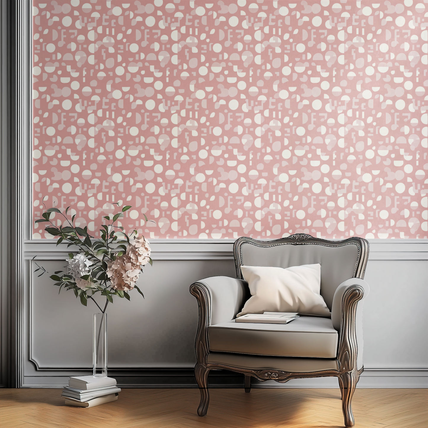 Pink Geometric Wallpaper shown in a second interior with the salmon geometry reading as 1950s-style soft geometric decoration