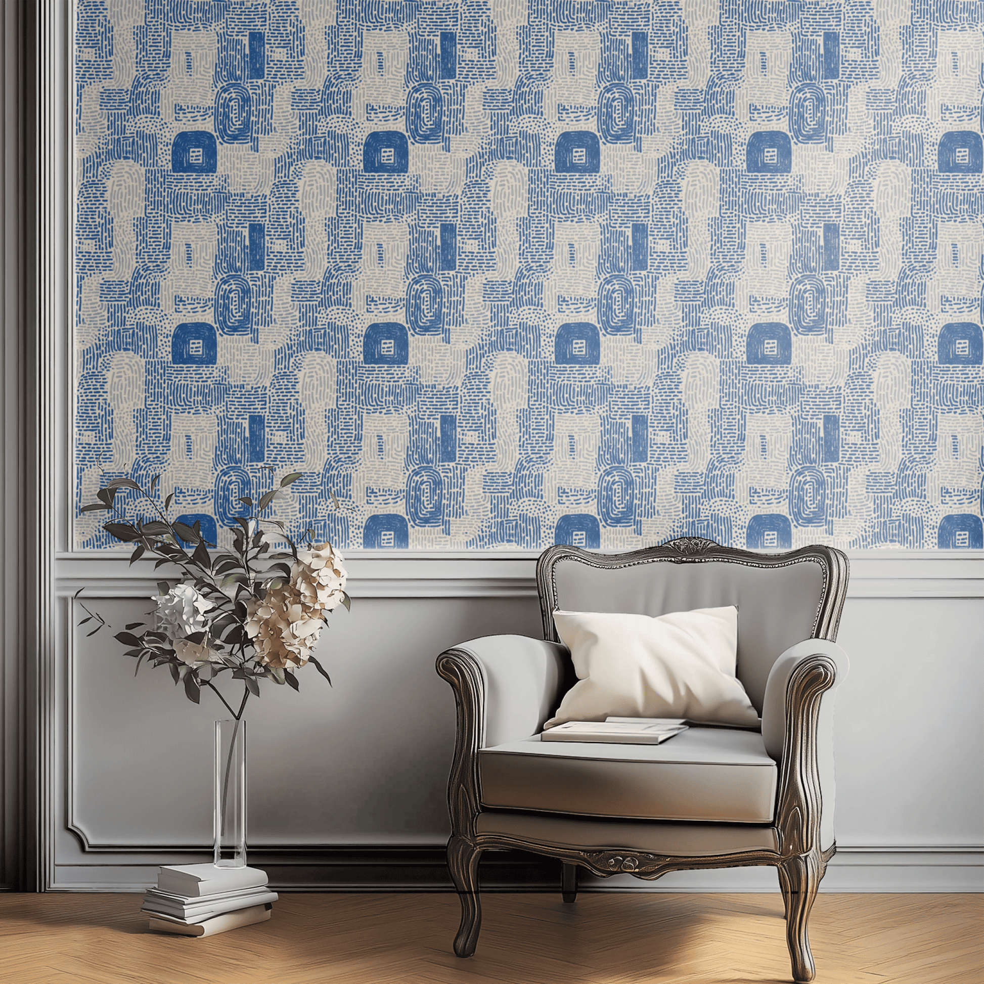 Cream Geometric Wallpaper shown in a second interior with the geometric dashes reading as quietly modernist hand-printed pattern