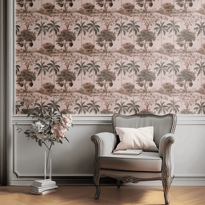 Pink Toile Wallpaper shown in a second interior with the riverbank toile reading as classically scenic country decoration