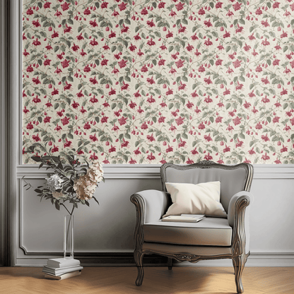 Cream Floral Wallpaper shown in a second interior with the garnet fuchsia reading as warmly feminine Victorian decoration