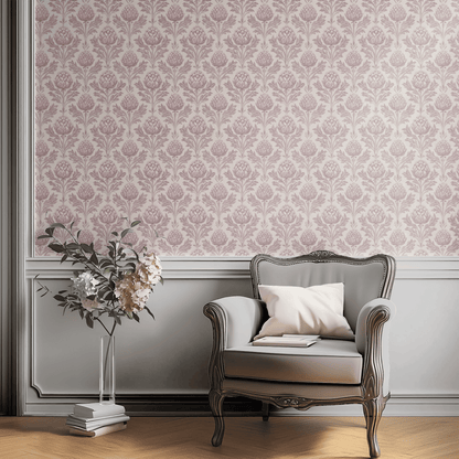 Pink Botanical Wallpaper shown in a second interior with the mauve artichoke reading as quietly unusual botanical decoration