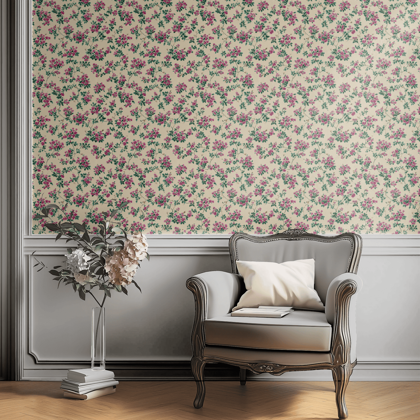 Cream Floral Wallpaper shown in a second interior with the trailing vine florals reading as gently feminine cottage decoration