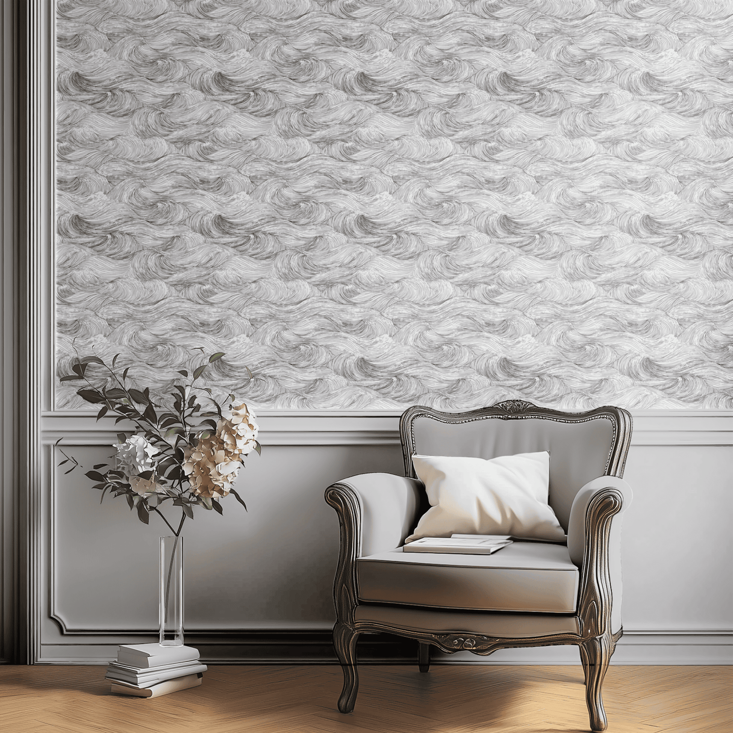 White Abstract Wallpaper shown in a second interior with the white waves reading as quietly modernist abstract decoration