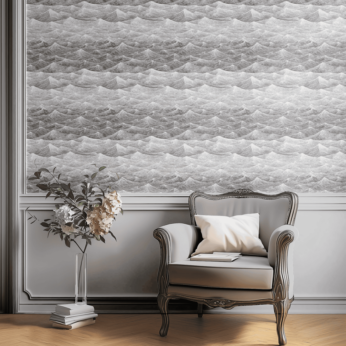 Grey Abstract Wallpaper installed in a room interior with Mid-Century Modern monochrome sketched ocean wave pattern in grey