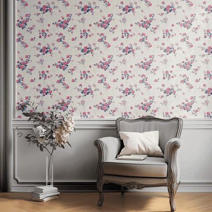 Cream Floral Wallpaper shown in a second room with the watercolor cherry florals reading as softly Japanese-spring decoration