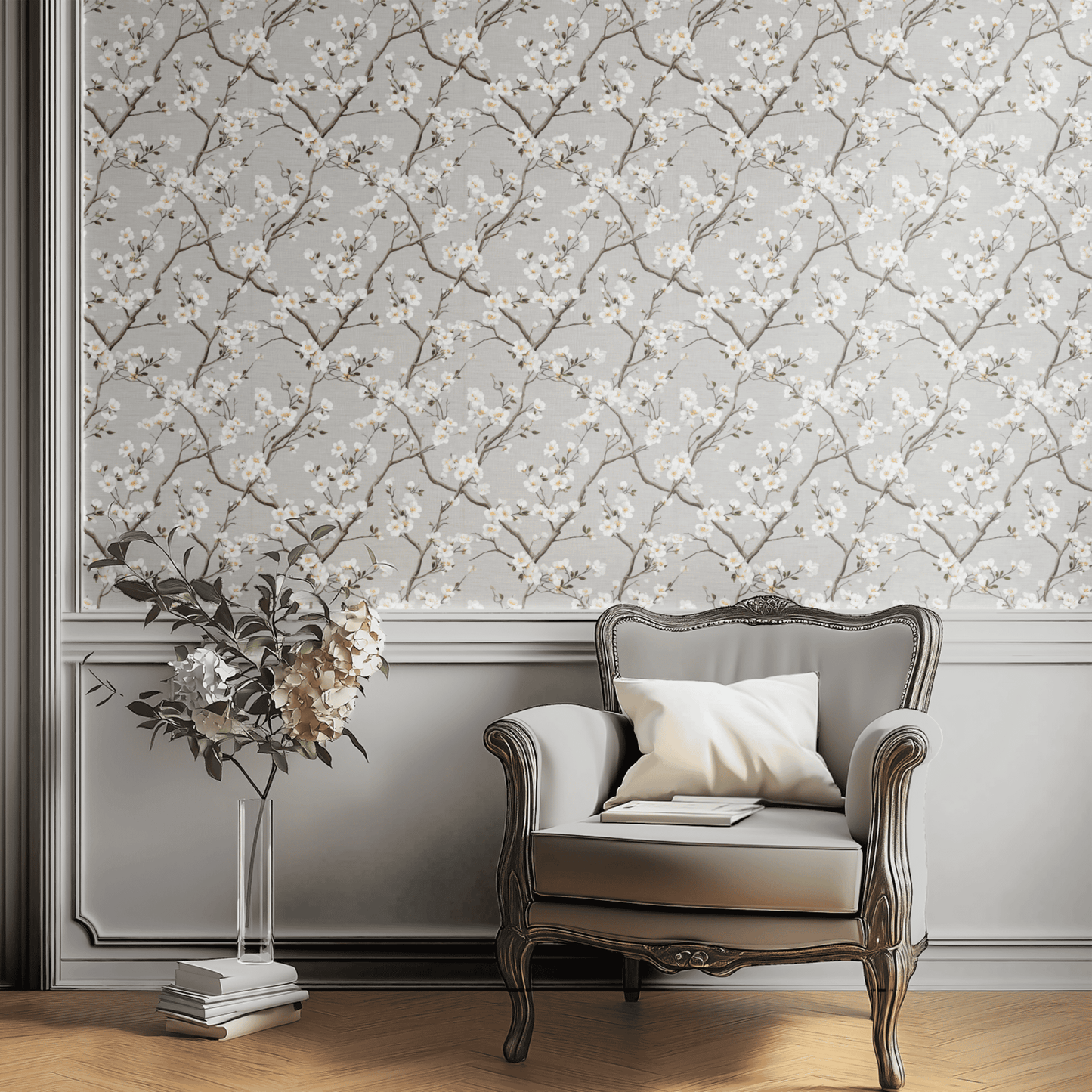 Grey Floral Wallpaper installed on a room wall with botanical cherry florals in pearly grey tones
