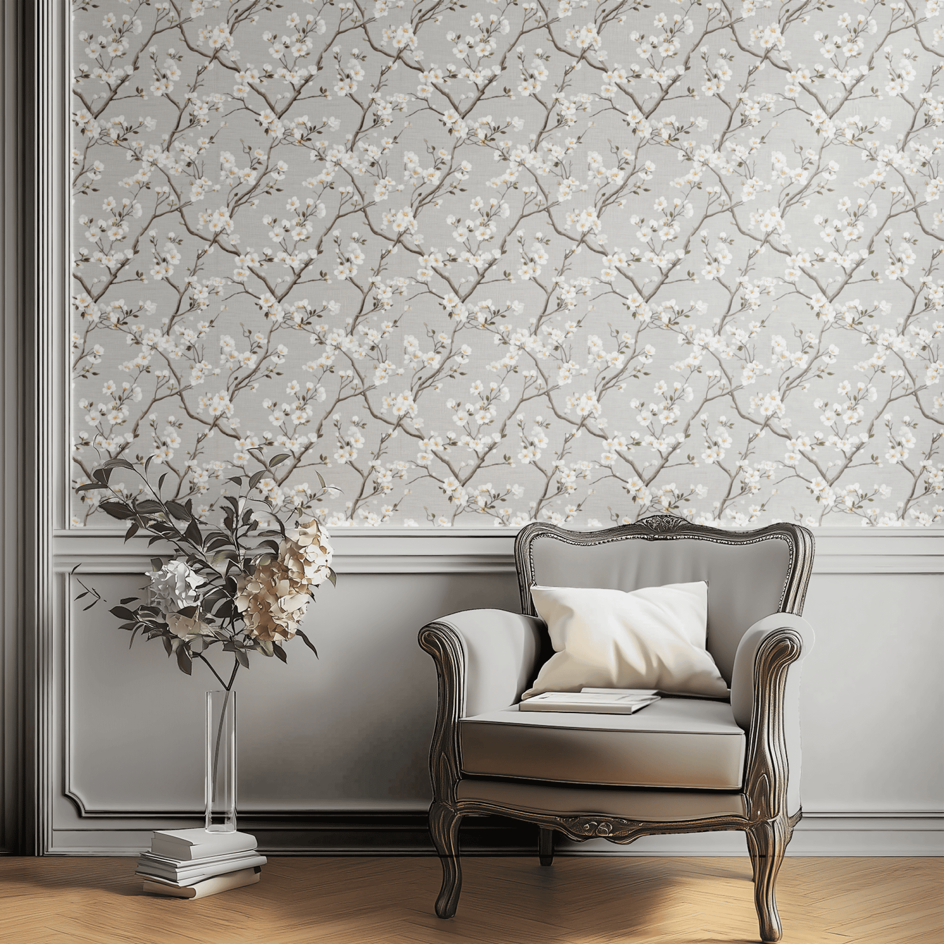 Grey Floral Wallpaper installed on a room wall with botanical cherry florals in pearly grey tones