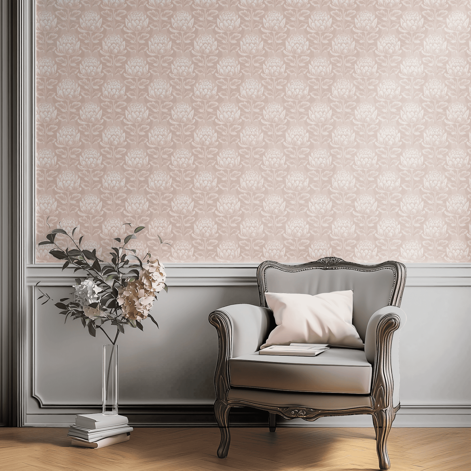 Pink Floral Wallpaper shown in a second interior with the soft pink protea reading as quietly exotic feminine decoration