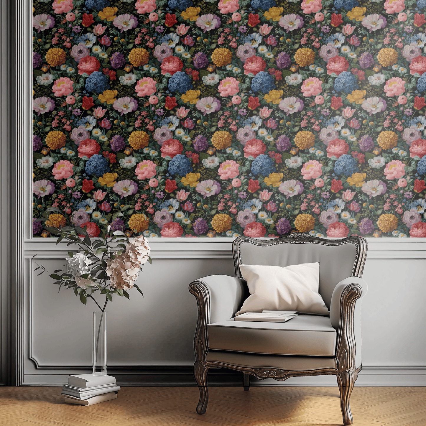 Black Floral Wallpaper shown in a second interior with the painterly black blooms reading as theatrical moody decoration
