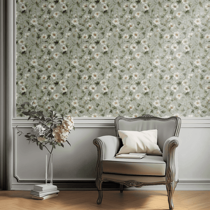 Green Floral Wallpaper shown in a second interior with the tendrils reading as quietly trailing botanical decoration