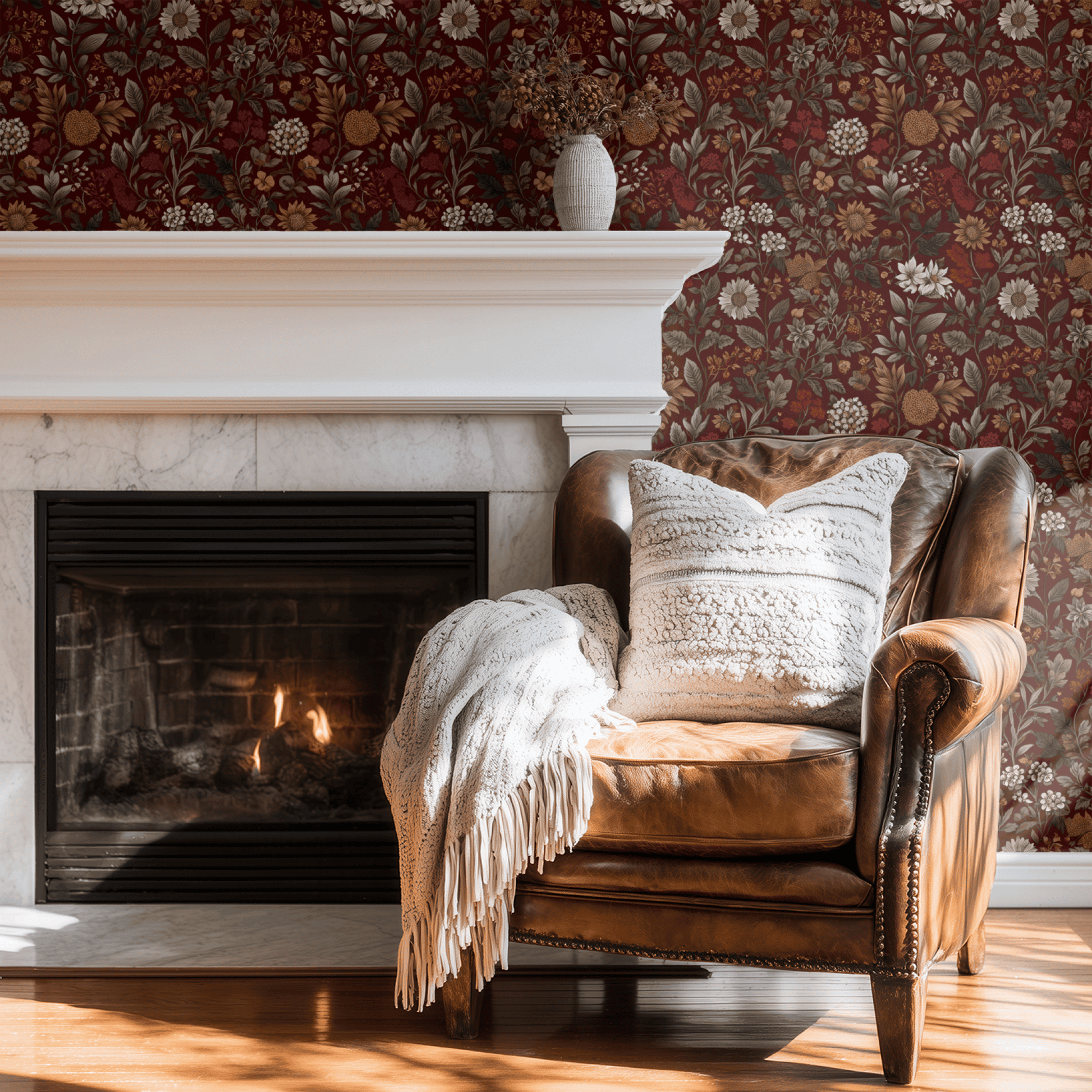 Red Floral Wallpaper shown in a second room with the Victorian sunflower reading as a serious late-nineteenth-century botanical statement