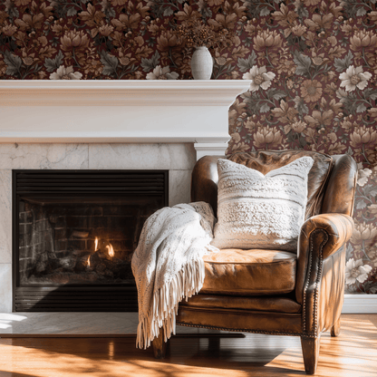 Red Floral Wallpaper shown in a second room with the muted red blossoms reading as quietly traditional Arts and Crafts decoration