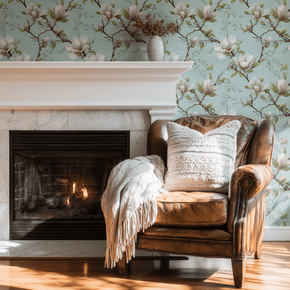 Green Floral Wallpaper shown in a second room with the soft aqua-green florals supporting a calm botanical room scheme