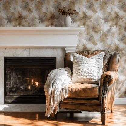 Neutral Abstract Wallpaper shown in a second interior with the gilded watercolor reading as soft luxurious atmospheric decoration