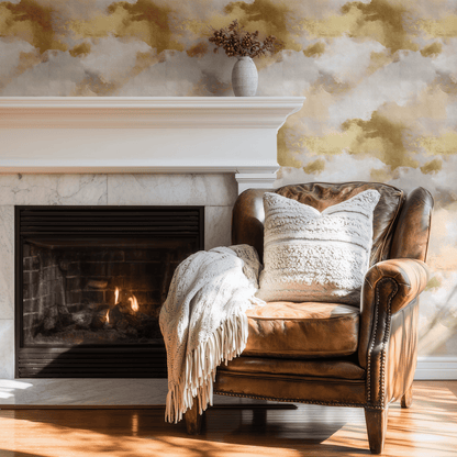 Neutral Abstract Wallpaper shown in a second room with the abstract metallic canvas reading as contemporary luxurious decoration