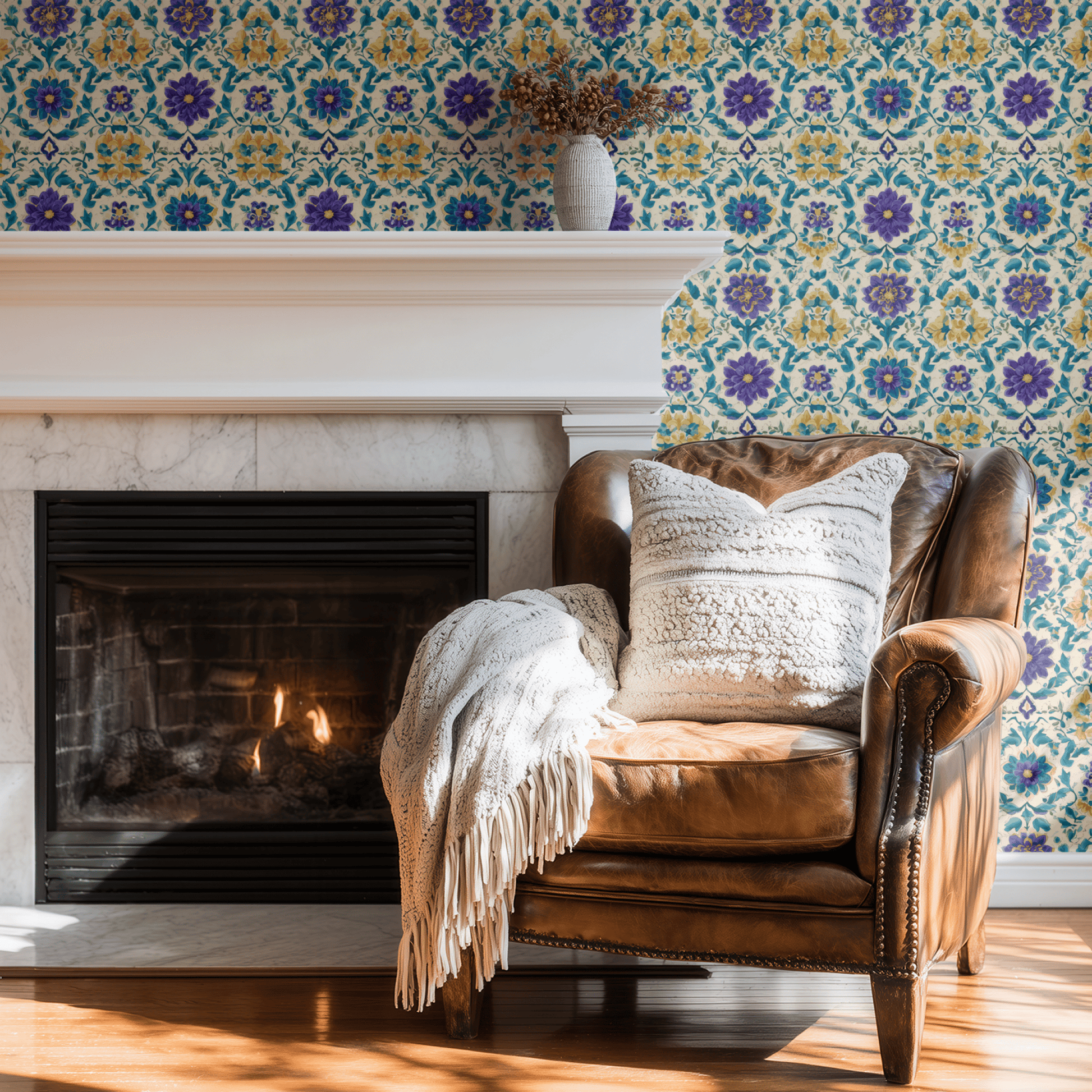 Cream Floral Wallpaper shown in a second room with the dahlia florals reading as traditional country-house Victorian decoration