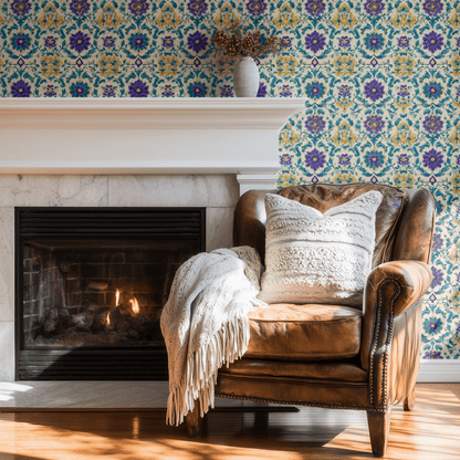 Cream Floral Wallpaper shown in a second room with the dahlia florals reading as traditional country-house Victorian decoration