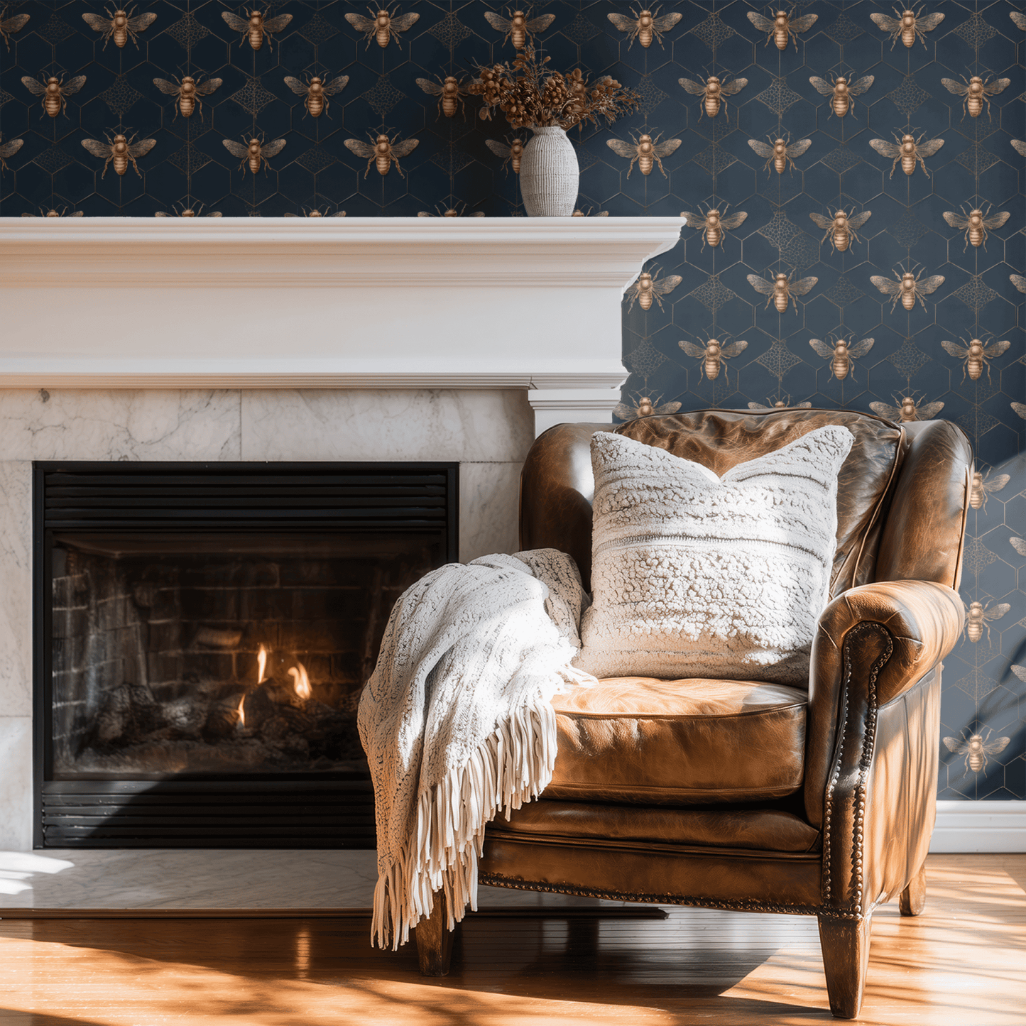 Blue Geometric Wallpaper shown in a second interior with the bronze honeycomb giving the wall a structured naturalistic geometric character