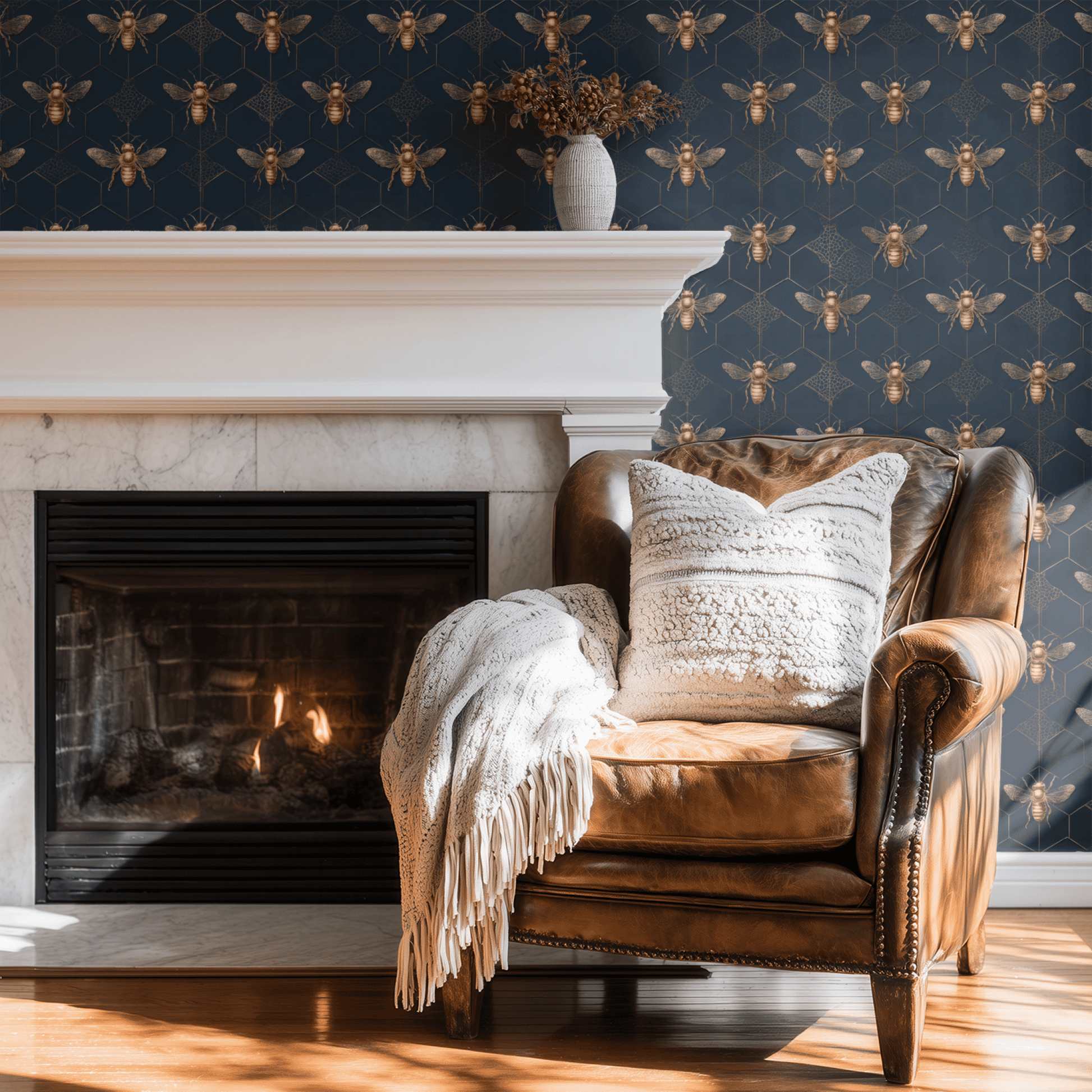 Blue Geometric Wallpaper shown in a second interior with the bronze honeycomb giving the wall a structured naturalistic geometric character