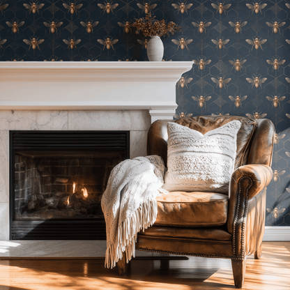 Blue Geometric Wallpaper shown in a second interior with the bronze honeycomb giving the wall a structured naturalistic geometric character