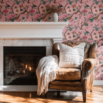 Pink Floral Wallpaper shown in a second room with the pink flowering branches reading as gently feminine spring-floral decoration