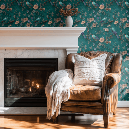 Green Floral Wallpaper shown in a second interior with the chinoiserie songbirds reading as gracefully traditional decoration