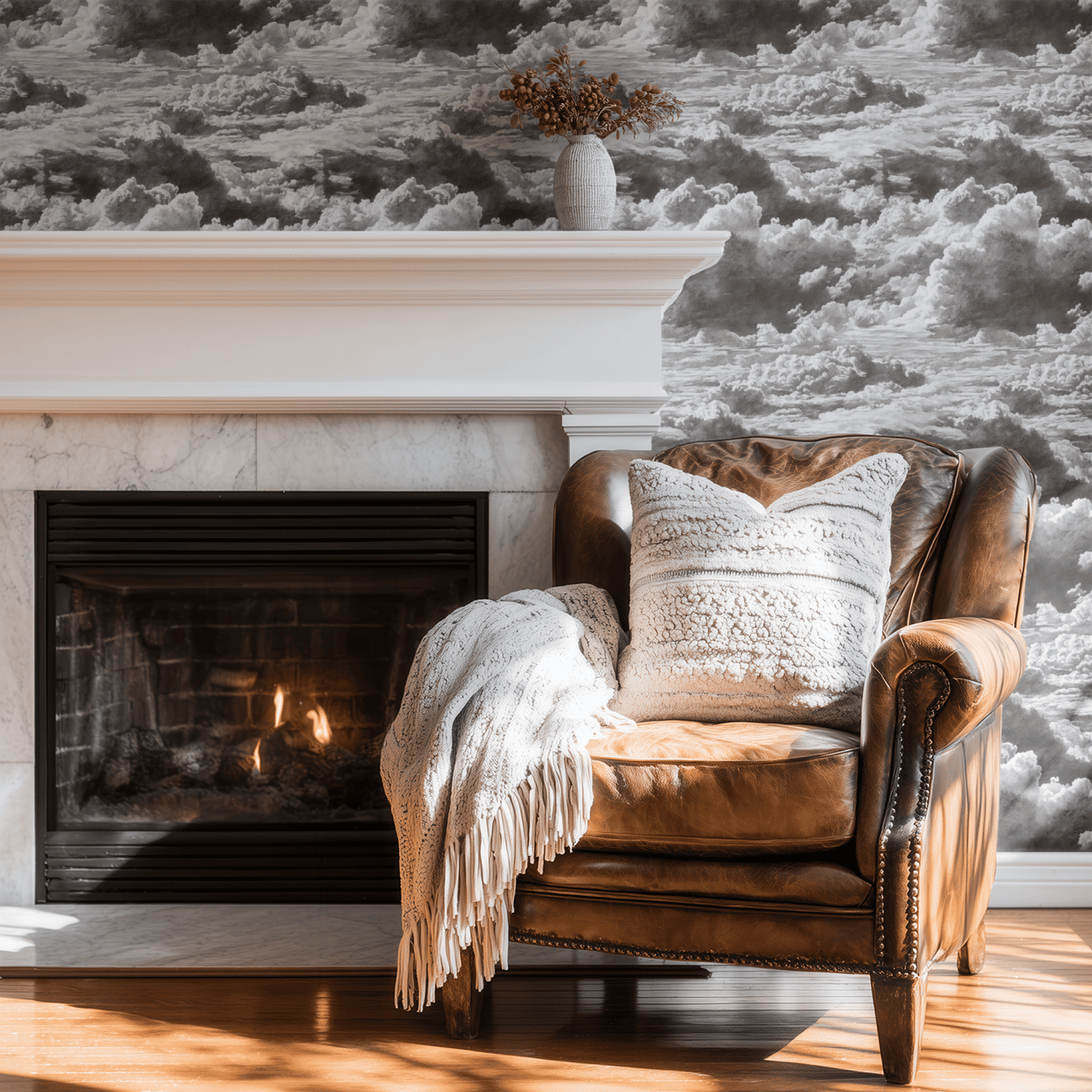 Grey Nature Wallpaper shown in a second room with the stormy hatching reading as atmospheric grey monochrome decoration