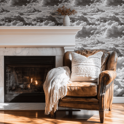 Grey Nature Wallpaper shown in a second room with the stormy hatching reading as atmospheric grey monochrome decoration