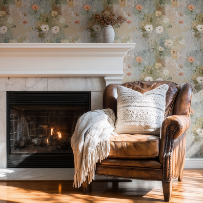 Neutral Floral Wallpaper shown in a second interior with the textured rosaline reading as softly contemporary watercolor decoration