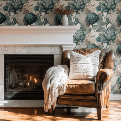 Green Floral Wallpaper shown in a second room with the teal thistle reading as traditional Scottish-style decoration