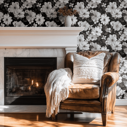 Black Floral Wallpaper shown in a second room with the high-contrast florals reading as graphic theatrical decoration