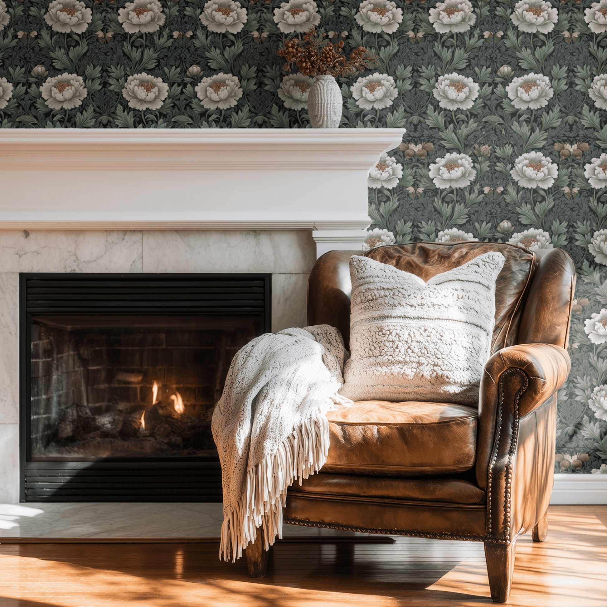 Green Floral Wallpaper shown in a second room with the pewter green petals reading as quietly elegant botanical decoration