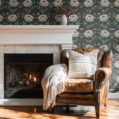Green Floral Wallpaper shown in a second room with the pewter green petals reading as quietly elegant botanical decoration