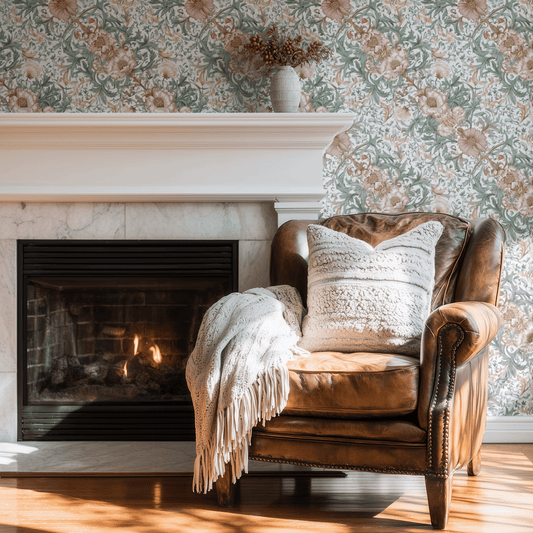 Rosy Verdure wallpaper with Arts and Crafts rosy verdure botanical florals in white Victorian palette, shown installed on a living-room wall at room scale