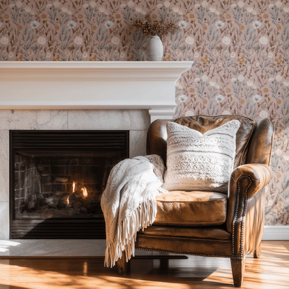 Pink Floral Wallpaper shown in a second interior with the pink cottagecore foliage reading as softly feminine cottage decoration