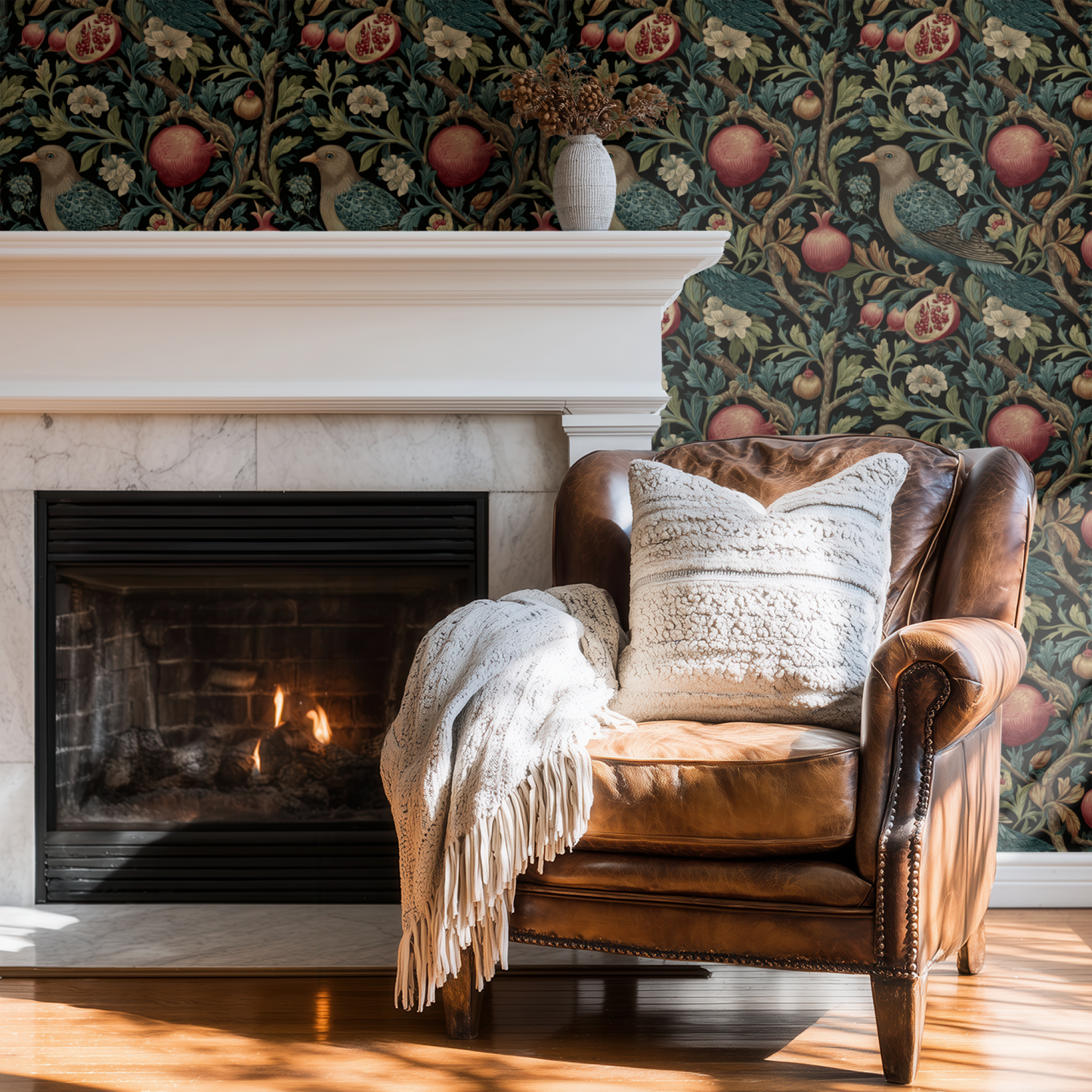 Black Bird Pattern Wallpaper shown in a second room with the moody birds reading as atmospheric dark academia decoration