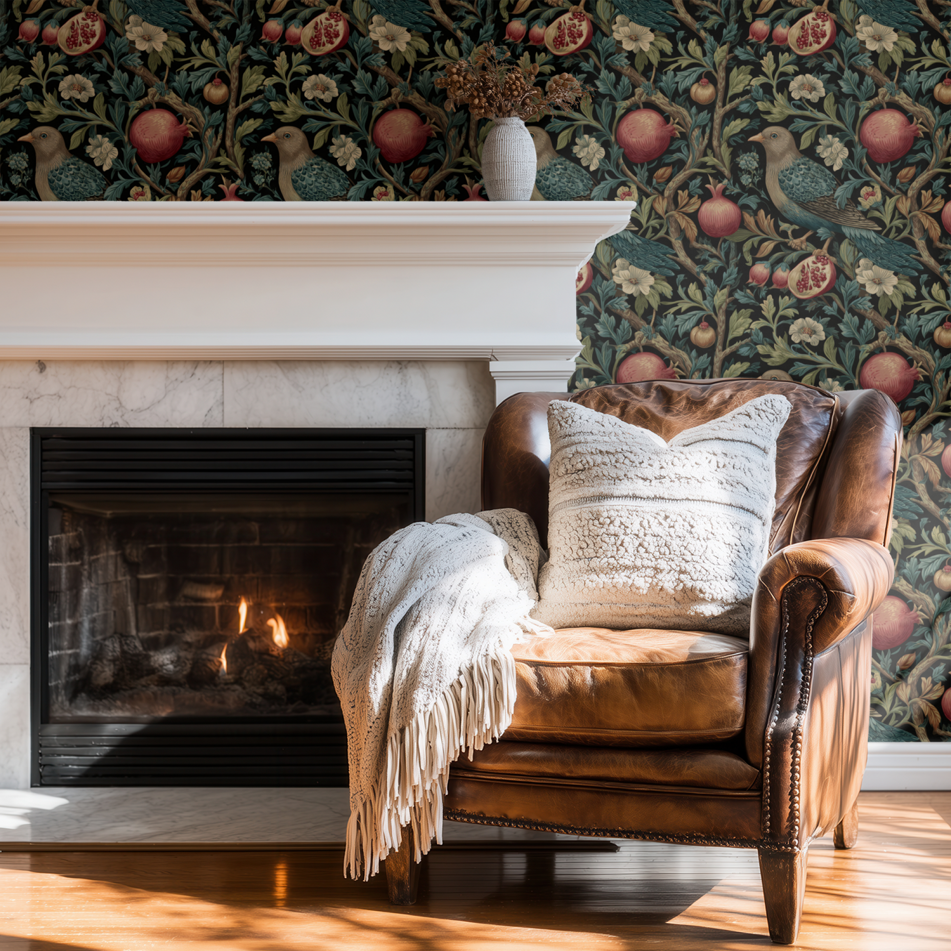 Black Bird Pattern Wallpaper shown in a second room with the moody birds reading as atmospheric dark academia decoration