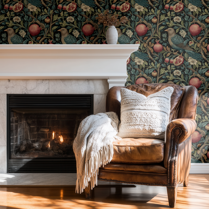 Black Bird Pattern Wallpaper shown in a second room with the moody birds reading as atmospheric dark academia decoration