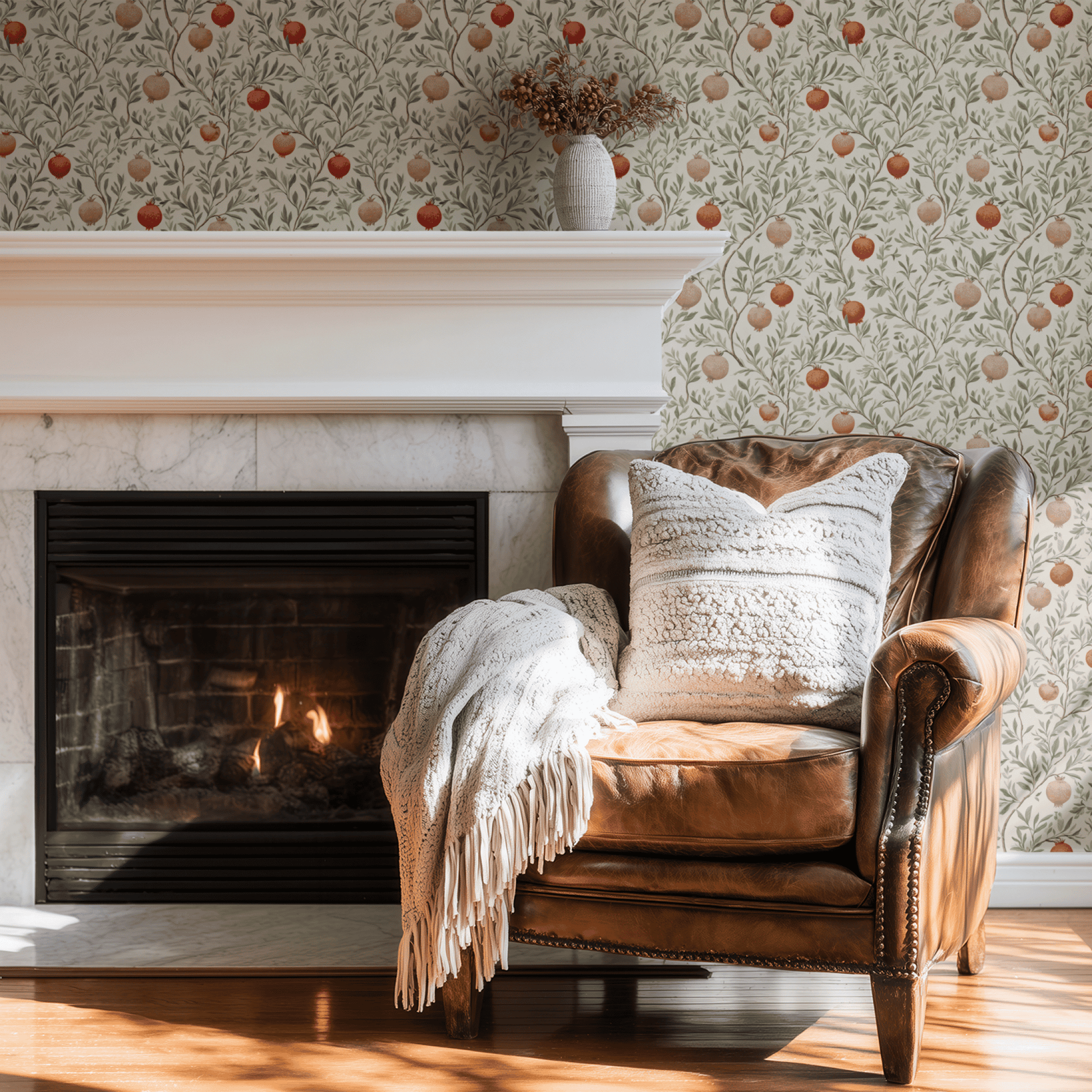 Cream Botanical Wallpaper shown in a second room with the earthy pomegranates reading as warmly botanical natural-fruit decoration