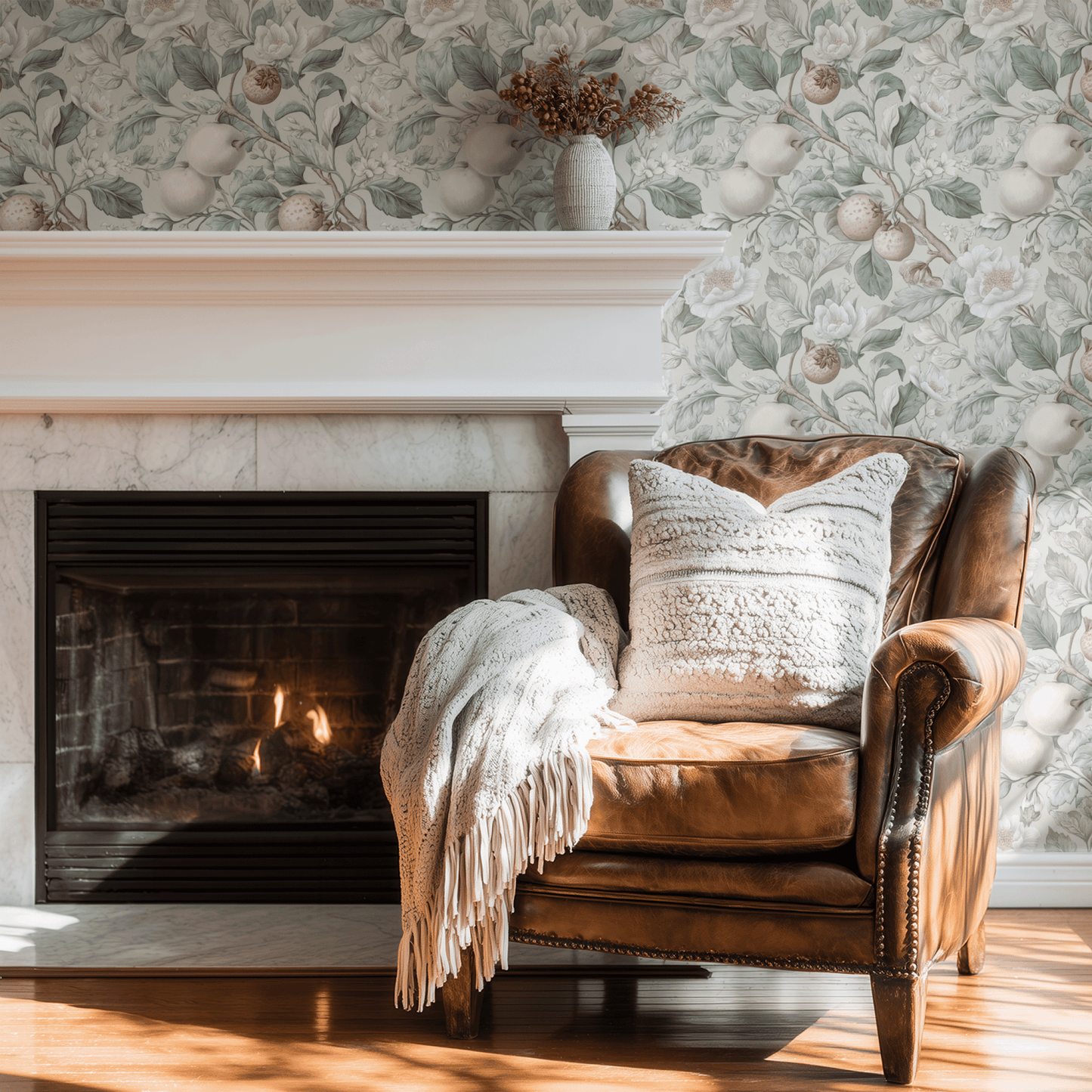 Neutral Botanical Wallpaper shown in a second interior with the chalky apple branches reading as quietly botanical against neutral walls