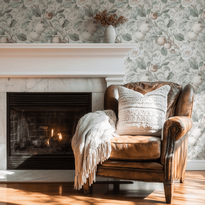Neutral Botanical Wallpaper shown in a second interior with the chalky apple branches reading as quietly botanical against neutral walls