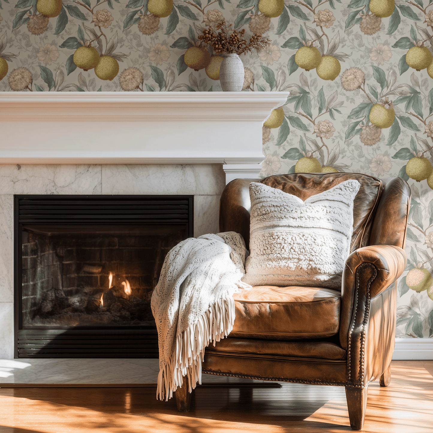 Green Botanical Wallpaper installed in a room interior with botanical pimpernel fruit and florals in engraved green handling