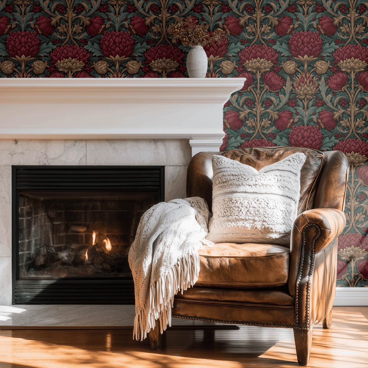 Green Floral Wallpaper shown in a second interior with the moody pimpernel reading as atmospheric library-style decoration