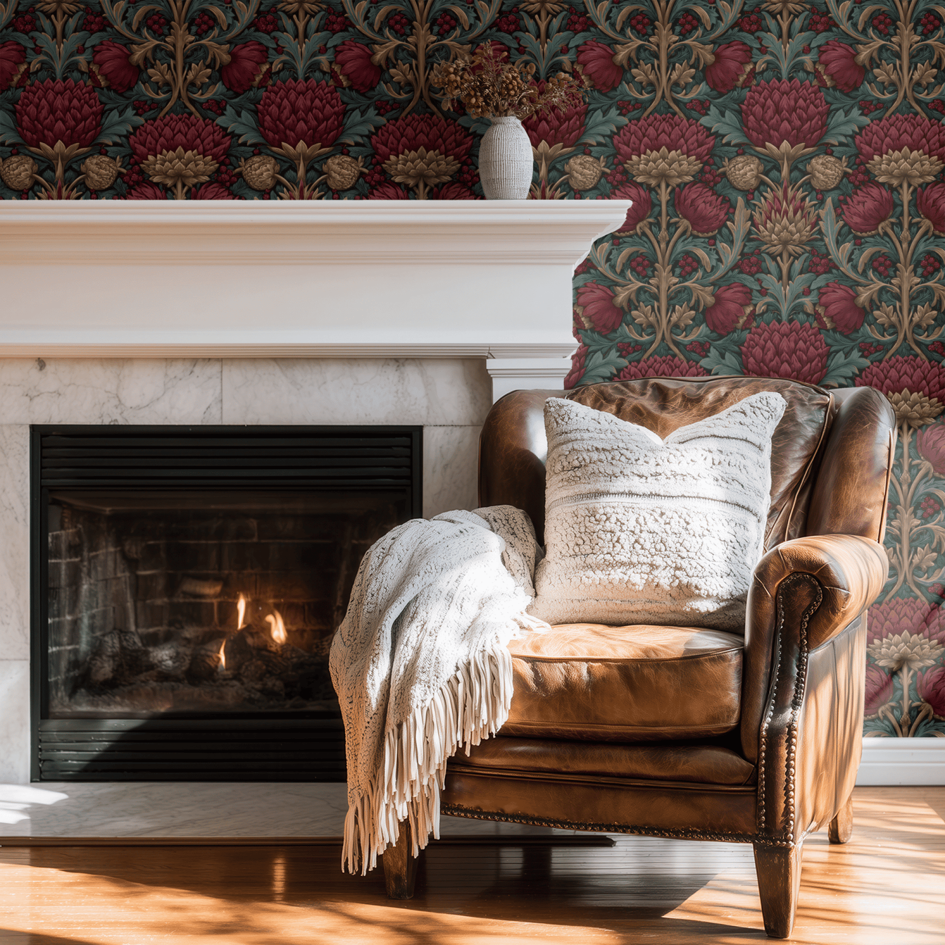 Green Floral Wallpaper shown in a second interior with the moody pimpernel reading as atmospheric library-style decoration