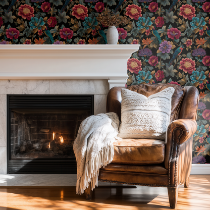 Black Floral Wallpaper shown in a second room with the deep teal moody birds reading as theatrical evening atmospheric decoration